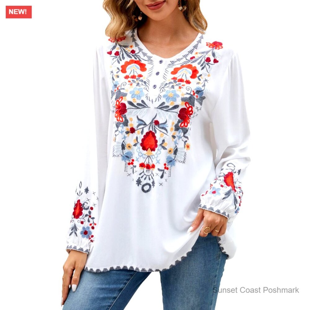 Embroidered Long Sleeve Blouse, Cotton Rayon Blend, Loose Peasant Tunic